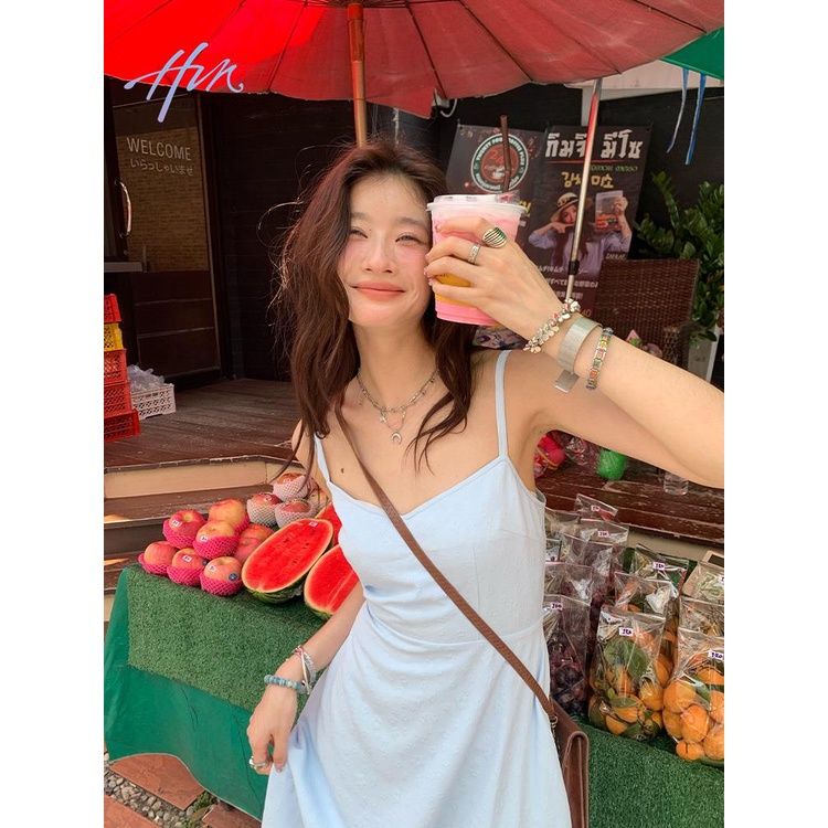 Đầm Dài Dáng Chữ A Màu Xanh Dương Thiết Kế Dây Thắt Lưng Xinh Xắn Thời Trang Đi Biển Cho