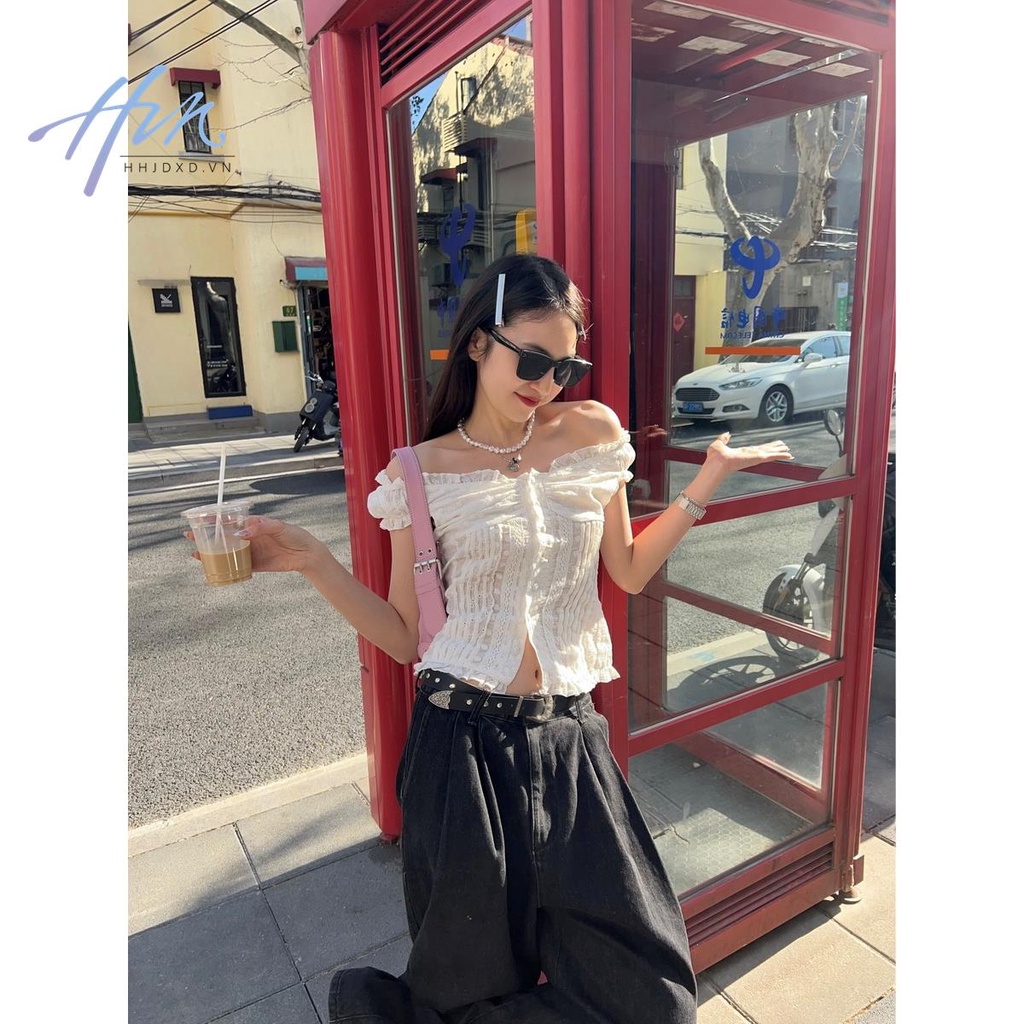 Áo Ren Trễ Vai Tay Phồng Dáng Ôm Ngắn Thời Trang Mùa Hè Dành Cho Nữ