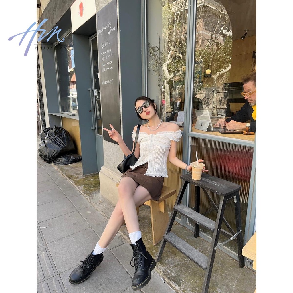 Áo Ren Trễ Vai Tay Phồng Dáng Ôm Ngắn Thời Trang Mùa Hè Dành Cho Nữ