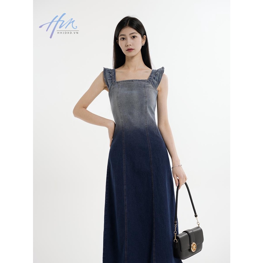 Đầm Yếm Denim Lưng Cao Dáng Ôm Màu Xanh Gradient Thời Trang Xinh Xắn Cho Nữ