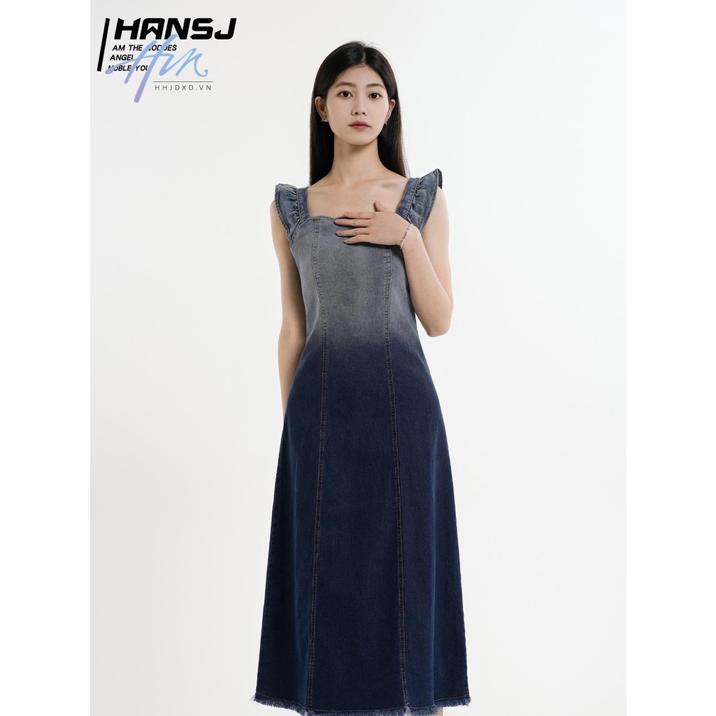 Đầm Yếm Denim Lưng Cao Dáng Ôm Màu Xanh Gradient Thời Trang Xinh Xắn Cho Nữ