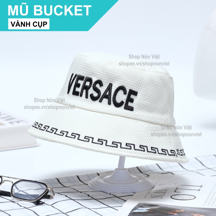 Mũ Bucket VERSACE Logo Thêu Lớn Nổi Màu Trắng Viền Đen Cotton Vành Cụp Mềm Mại Phong Cách Hàn Quốc Thời Trang Nam