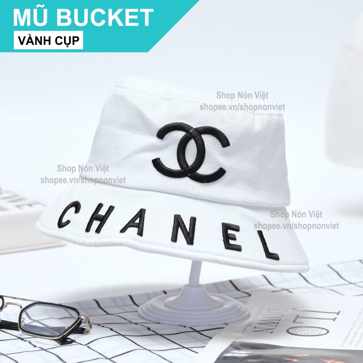 Mũ Bucket CHA.NEL Logo Thêu Nổi Lớn Màu Trắng Viền Chữ Đen Vải Cotton Vành Cụp Mềm Mại Phong Cách Hàn Quốc Thời Tr