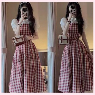 đầm cổ yếm váy yếm  đầm babydoll Đầm Nữ Hai Dây Dáng Vừa + Áo Sơ Mi Cổ Búp Bê Ngọt Ngào Phong Cách Retro Pháp