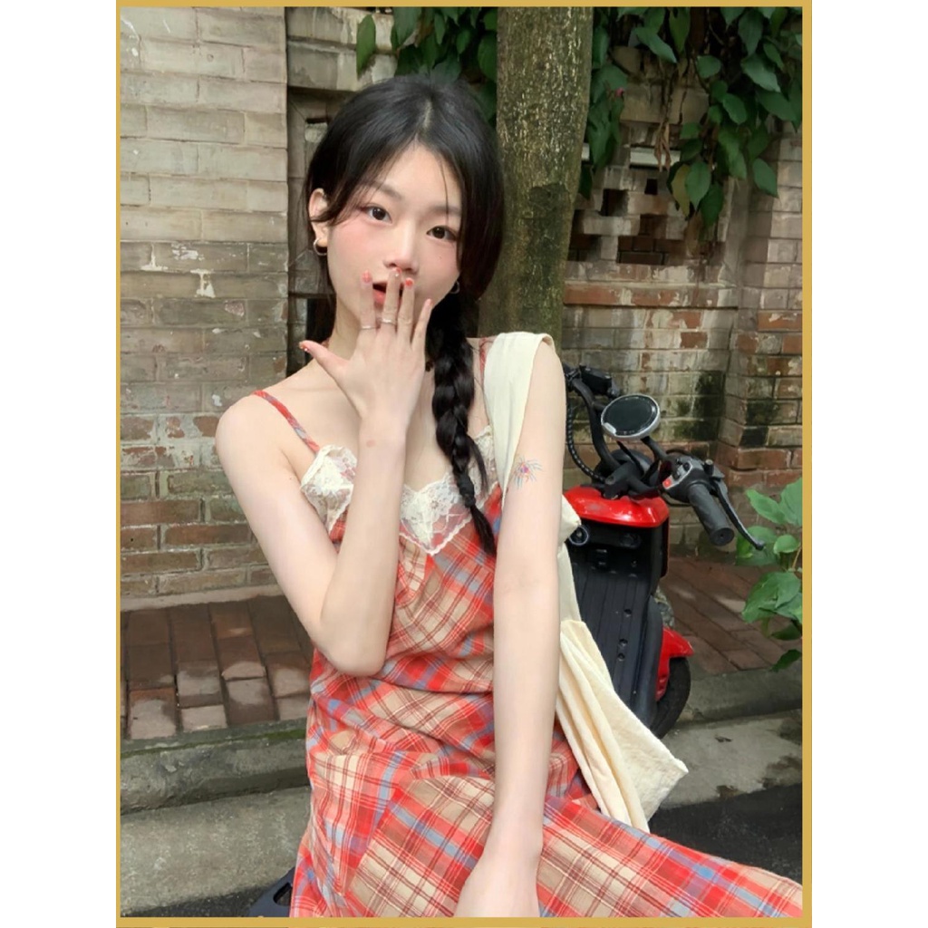 đầm cổ yếm váy yếm đầm babydoll Đầm Hai Dây Phối Ren Họa Tiết Kẻ Ô Phong Cách Pháp Cổ Điển Thời Trang Mùa Hè 2023 Mới