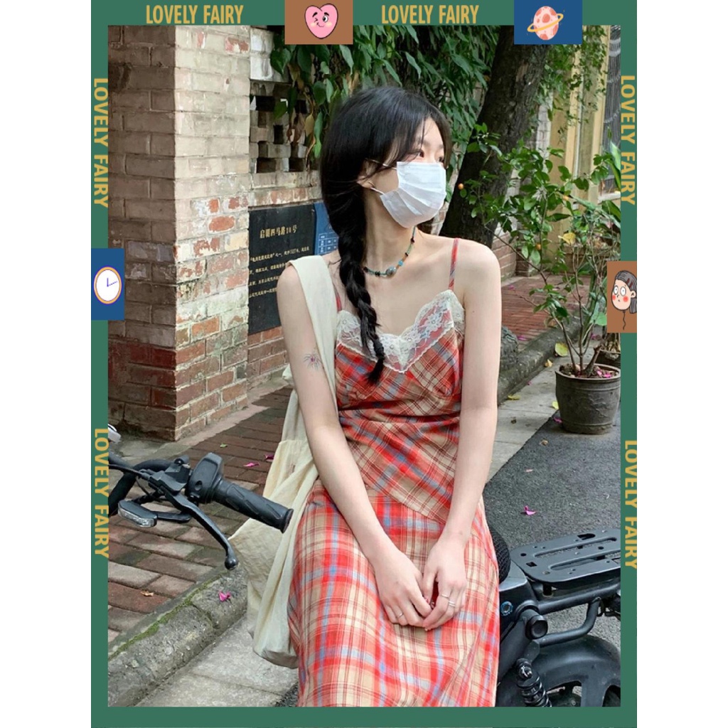 đầm cổ yếm váy yếm đầm babydoll Đầm Hai Dây Phối Ren Họa Tiết Kẻ Ô Phong Cách Pháp Cổ Điển Thời Trang Mùa Hè 2023 Mới