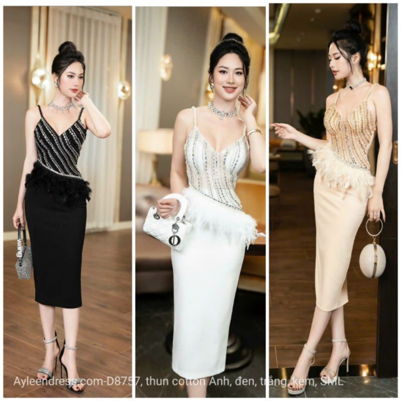 Đầm thiết kế 2 dây kết lông và cườm