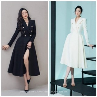 Đầm xòe cổ vest tay dài công sở xẻ tà phối nút