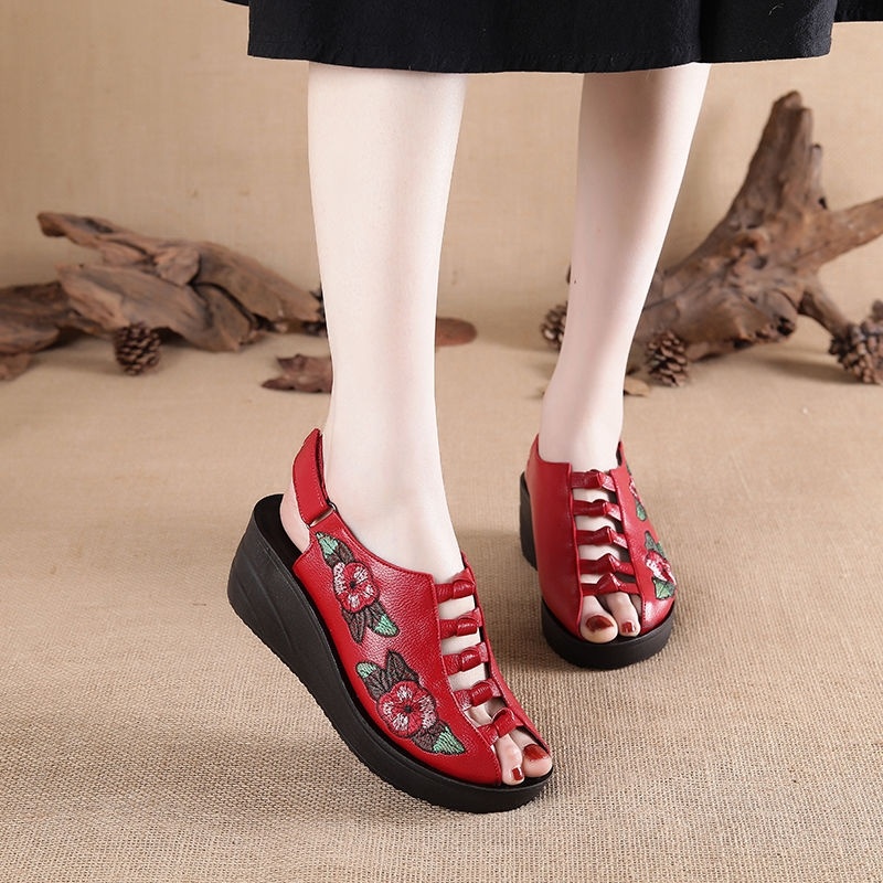 Dép Sandal Đế Xuồng Dày Hở Mũi Bằng Da Thật Thêu Họa Tiết Thời Trang Mùa Hè Dành Cho Bạn Nữ