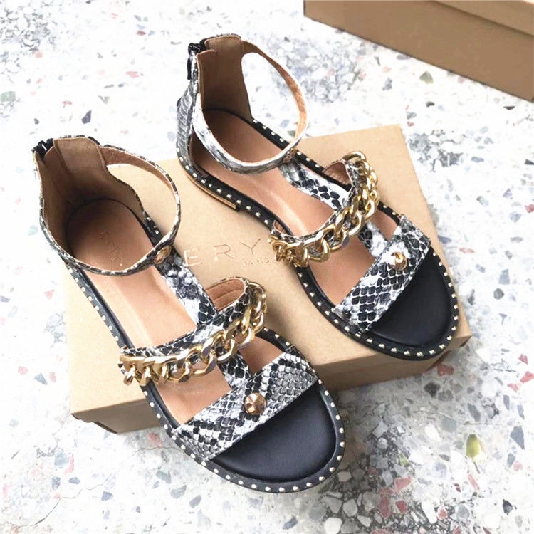 Giày Hở Ngón Đế Bằng Phối Dây Xích Họa Tiết Da Rắn Cỡ Lớn Thời Trang Mùa Hè Xinh Xắn Cho Nữ