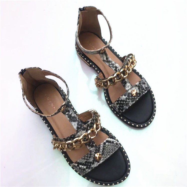 Giày Hở Ngón Đế Bằng Phối Dây Xích Họa Tiết Da Rắn Cỡ Lớn Thời Trang Mùa Hè Xinh Xắn Cho Nữ