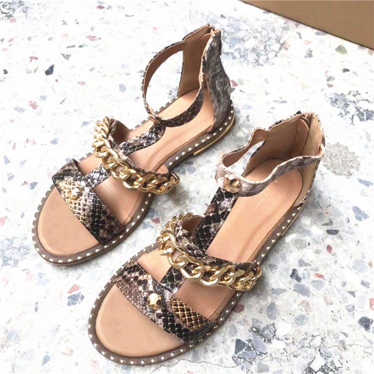 Giày Hở Ngón Đế Bằng Phối Dây Xích Họa Tiết Da Rắn Cỡ Lớn Thời Trang Mùa Hè Xinh Xắn Cho Nữ