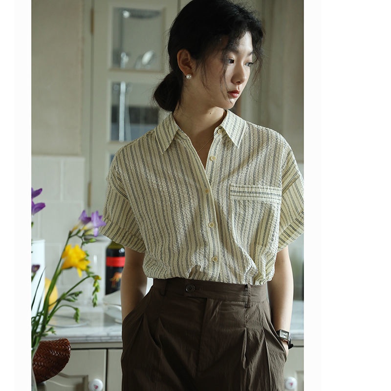 Áo Sơ Mi Ngắn Tay Họa Tiết Kẻ Sọc Thời Trang Mùa Hè 2023 Mới