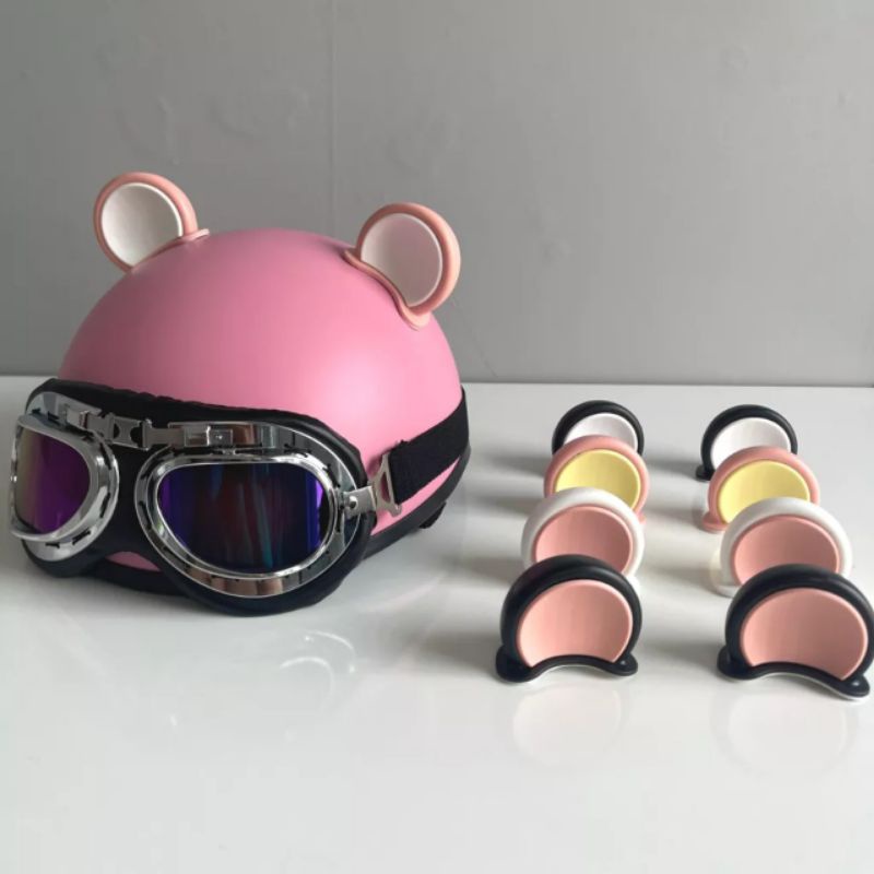 Mũ bảo hiểm hồng nhám kèm kính Pc siêu xinh tặng kèm tai mèo 2 màu cute