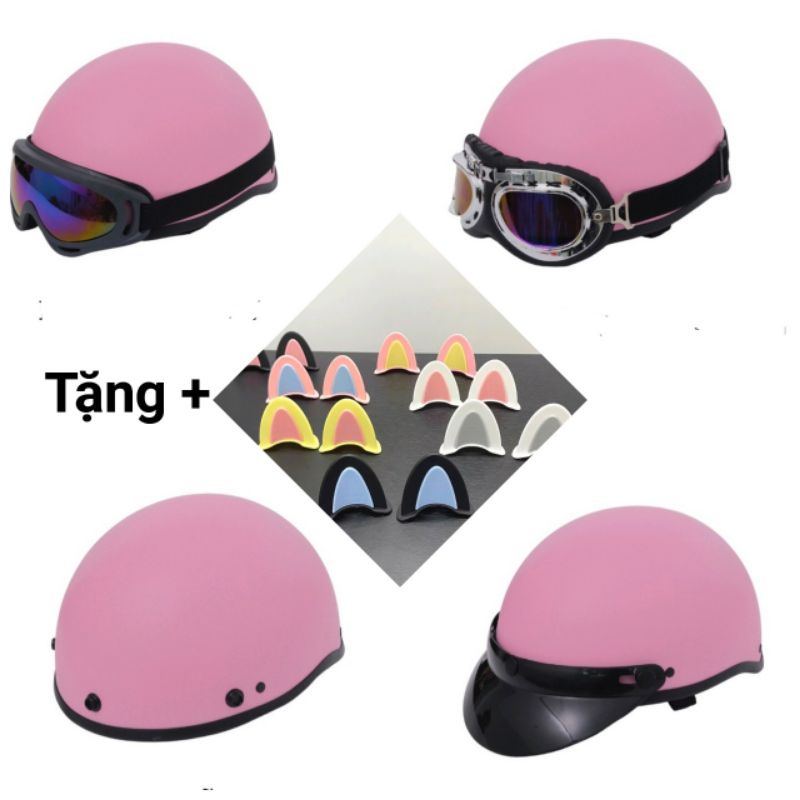 Mũ bảo hiểm hồng nhám kèm kính Pc siêu xinh tặng kèm tai mèo 2 màu cute