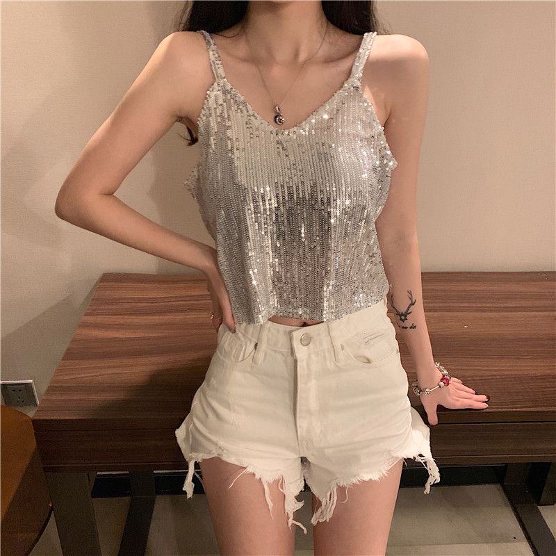 Jiashuchengv Áo Hai Dây Đính Kim Sa Lấp Lánh Gợi Cảm Cho Nữ Mặc Ngoài