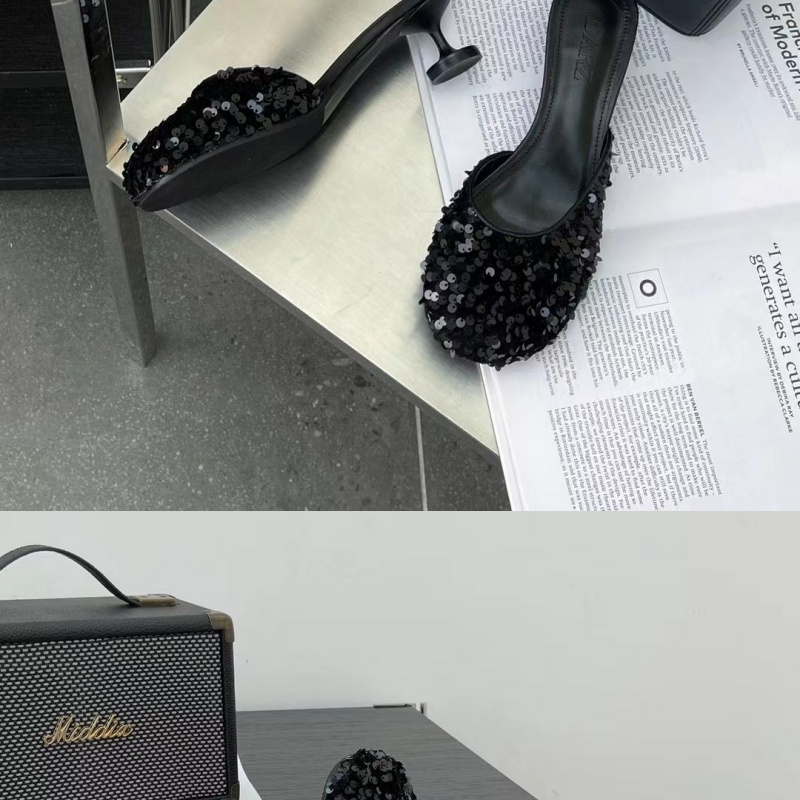 Dép Cao Gót Mũi Tròn Đính Kim Sa Lấp Lánh Thời Trang 2023