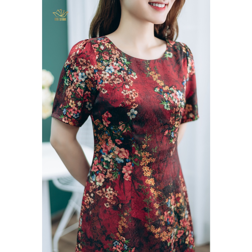 Đầm suông trung niên TTV1359 thiết kế Cổ tròn tay ngắn màu Đỏ hoa trẻ trung sang trọng