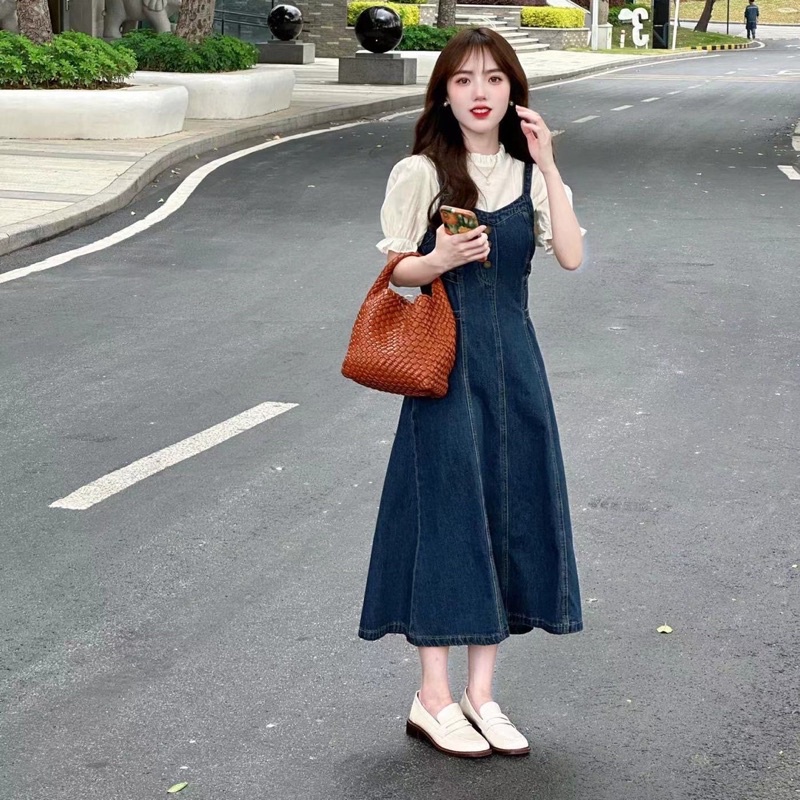 Set Yếm Váy Jeans Denim Dáng Chữ A Che Khuyết Điểm + Áo Sơ Mi Ngắn Tay Ngọt Ngào