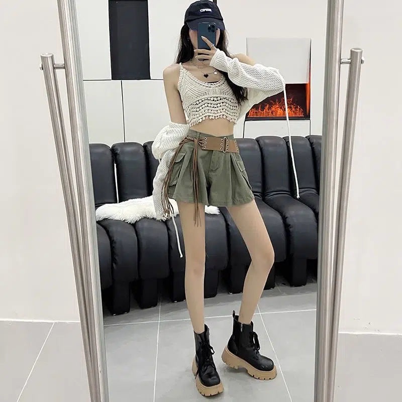 Jiashucheng Quần Short Dáng Chữ a Lưng Cao Ống Rộng Nhỏ Nhắn Thời Trang Mùa Hè Giản Dị Dễ Phối Đồ Nóng Bỏng Dành Cho Bạn Nữ