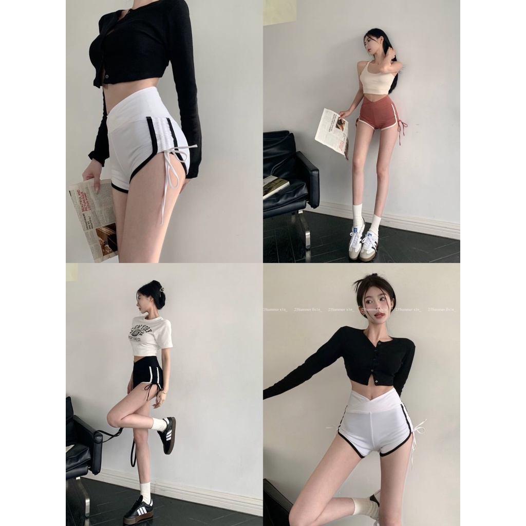 Jiashucheng Quần Short Thể Thao Lưng Cao Dáng Ôm Rút Dây Màu Đen Thời Trang Mùa Hè Quyến Rũ Cho Nữ