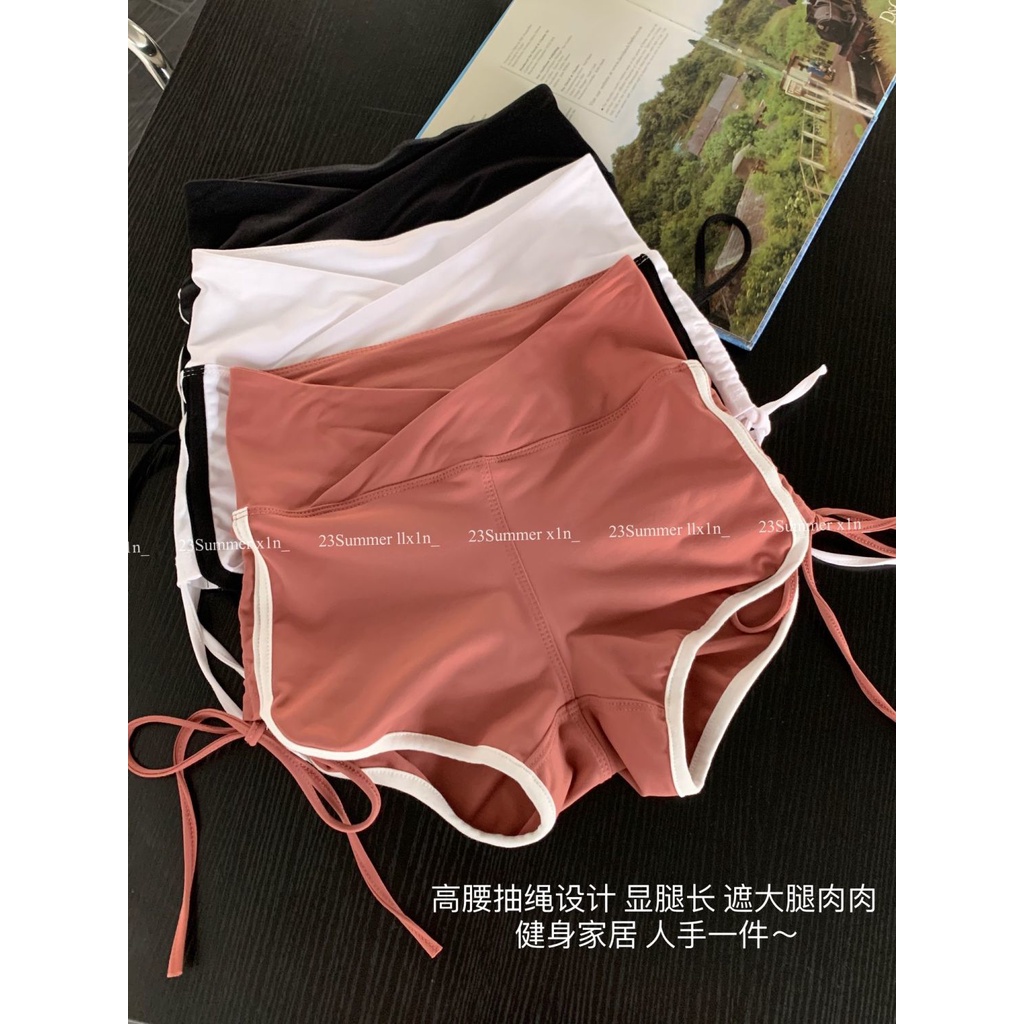 Jiashucheng Quần Short Thể Thao Lưng Cao Dáng Ôm Rút Dây Màu Đen Thời Trang Mùa Hè Quyến Rũ Cho Nữ