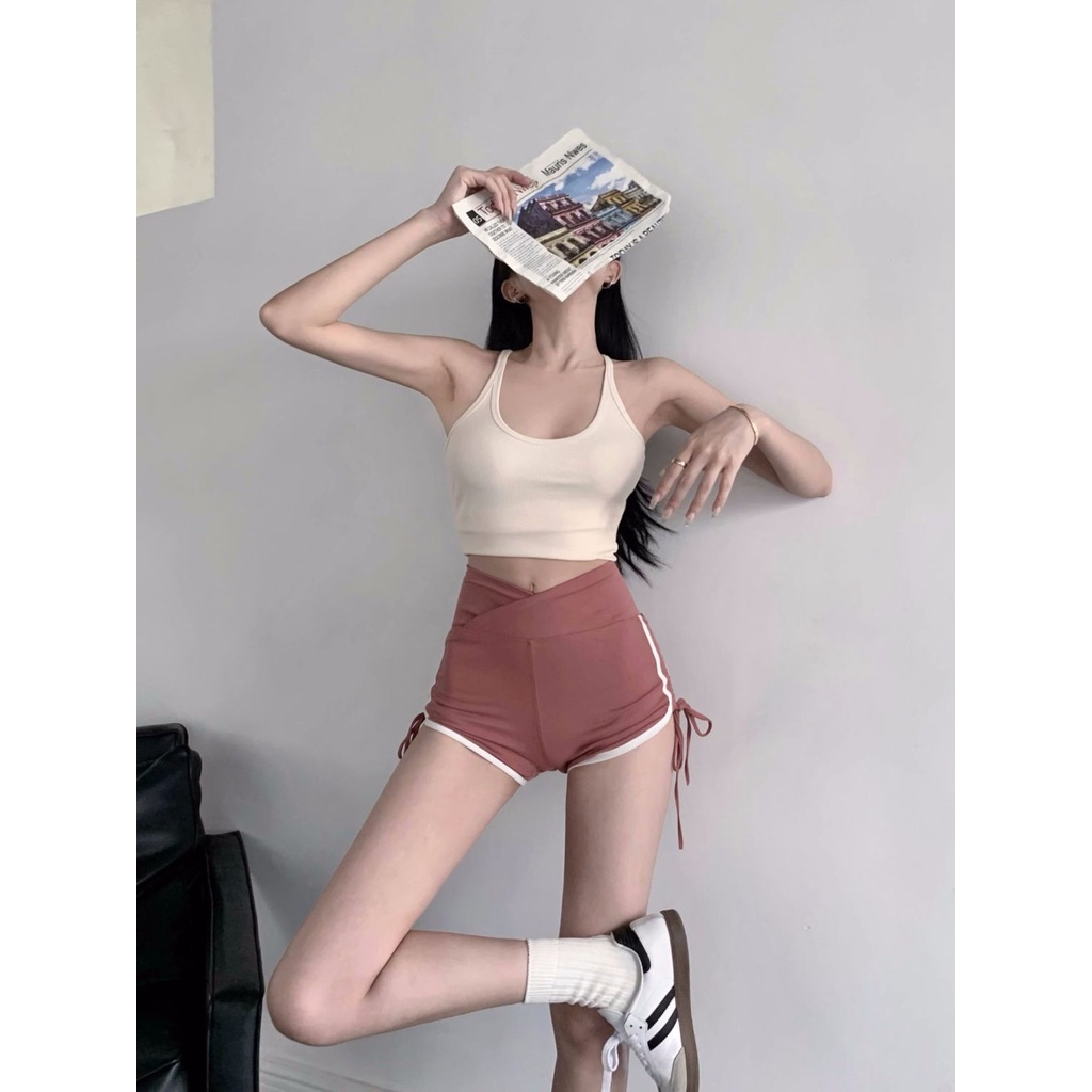 Jiashucheng Quần Short Thể Thao Lưng Cao Dáng Ôm Rút Dây Màu Đen Thời Trang Mùa Hè Quyến Rũ Cho Nữ