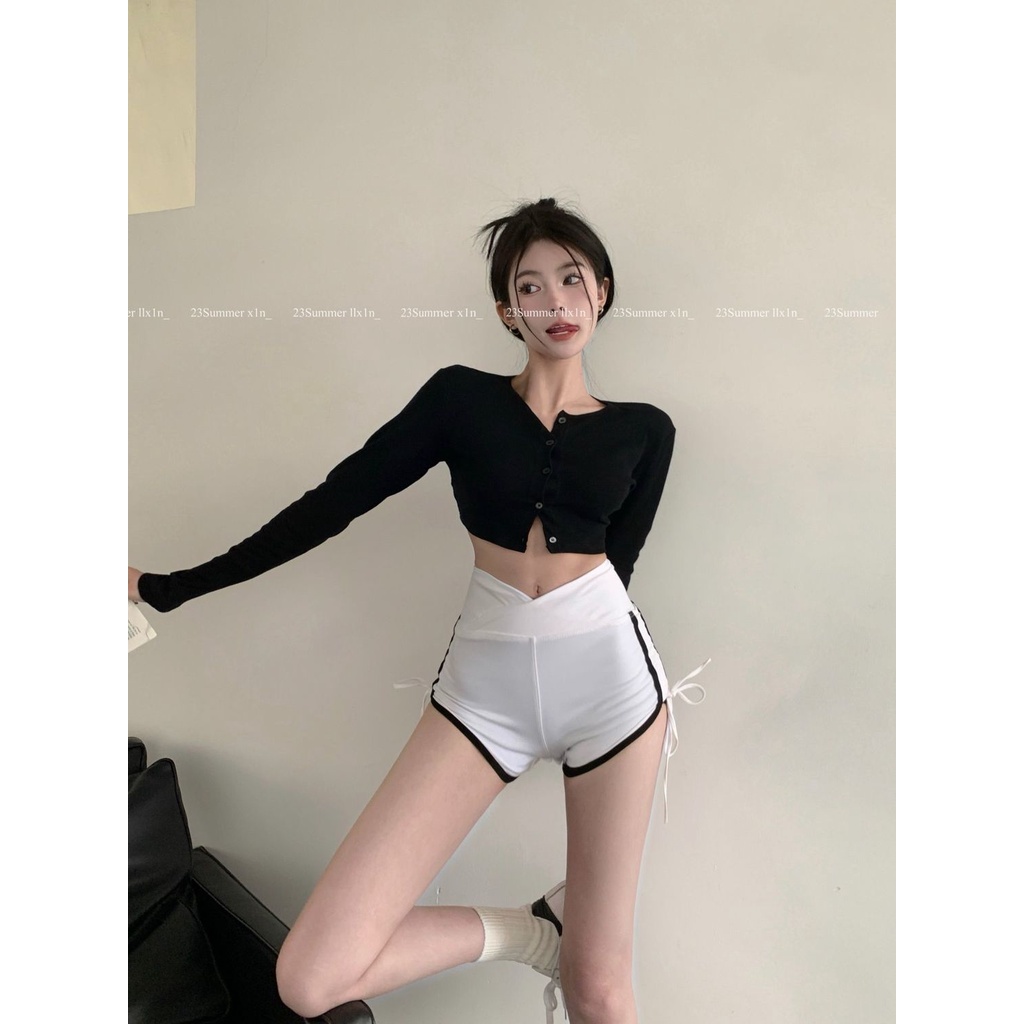 Jiashucheng Quần Short Thể Thao Lưng Cao Dáng Ôm Rút Dây Màu Đen Thời Trang Mùa Hè Quyến Rũ Cho Nữ