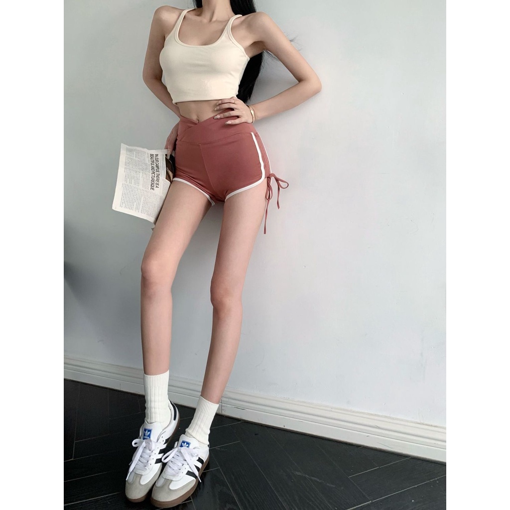 Jiashucheng Quần Short Thể Thao Lưng Cao Dáng Ôm Rút Dây Màu Đen Thời Trang Mùa Hè Quyến Rũ Cho Nữ