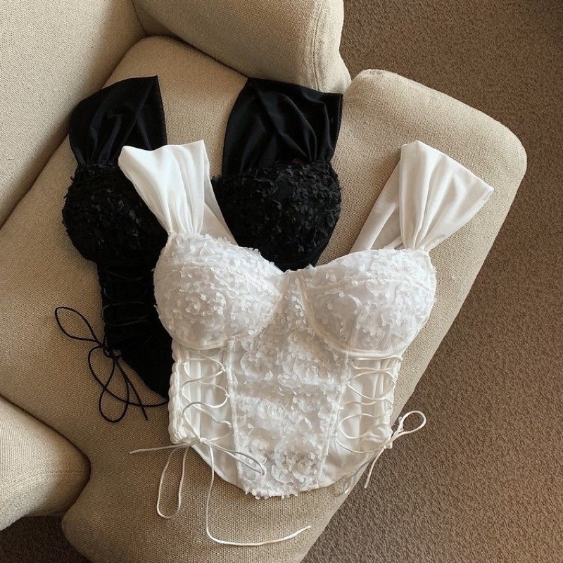 Áo croptop cúp ngực đuôi tôm lưng chun đan dây mùa hè (Có ảnh thật)