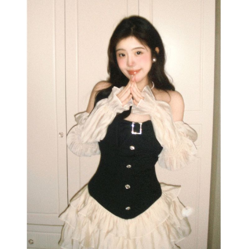 Đầm Ngắn Chữ a Lưng Cao Màu Trắng Đen Phong Cách Pháp Thời Trang Mùa Hè Cho Nữ