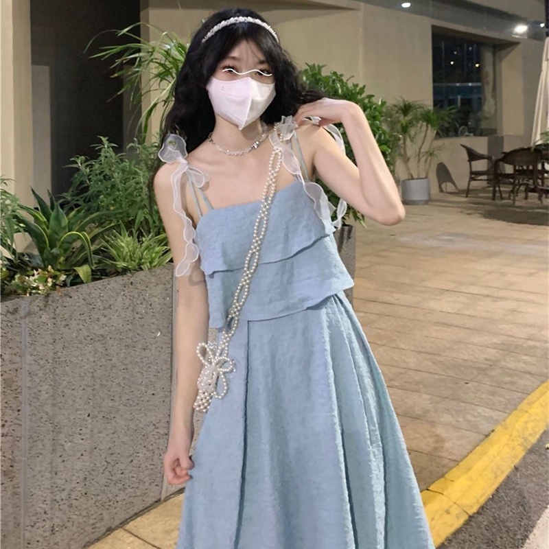 Đầm Hai Dây Thắt Nơ Eo Hẹp Eo Cao Thời Trang Hàn Quốc Cho Nữ