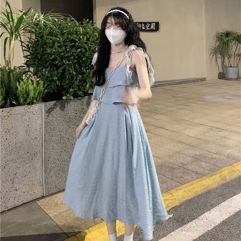 Đầm Hai Dây Thắt Nơ Eo Hẹp Eo Cao Thời Trang Hàn Quốc Cho Nữ