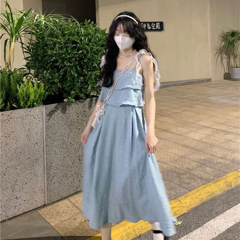 Đầm Hai Dây Thắt Nơ Eo Hẹp Eo Cao Thời Trang Hàn Quốc Cho Nữ