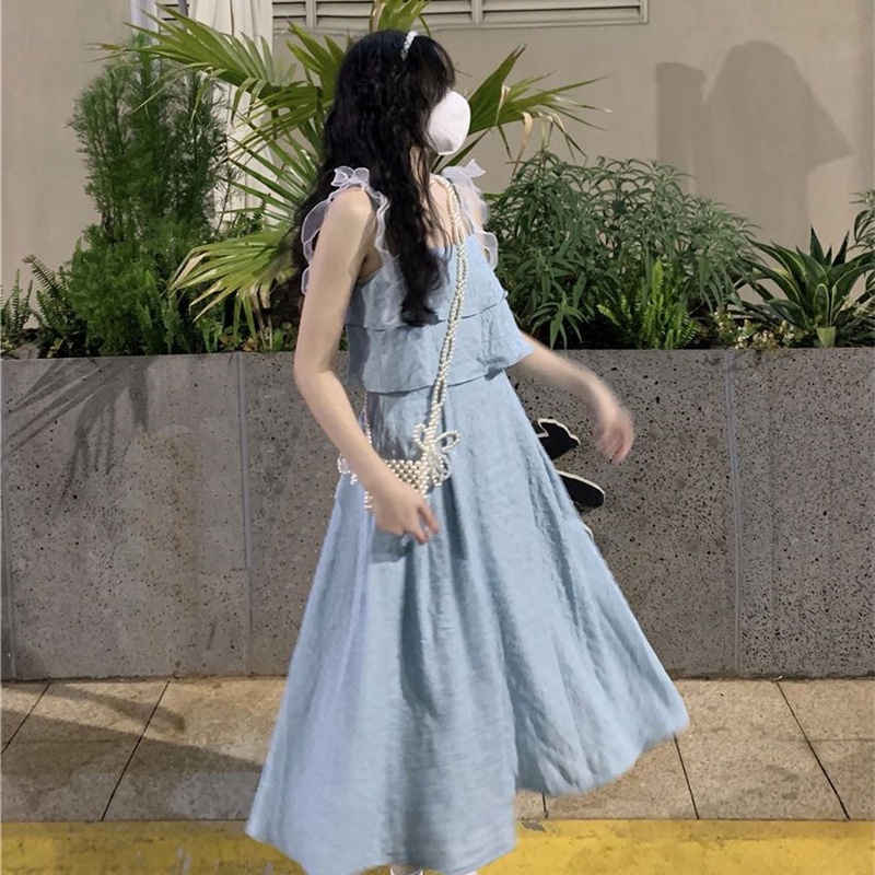 Đầm Hai Dây Thắt Nơ Eo Hẹp Eo Cao Thời Trang Hàn Quốc Cho Nữ