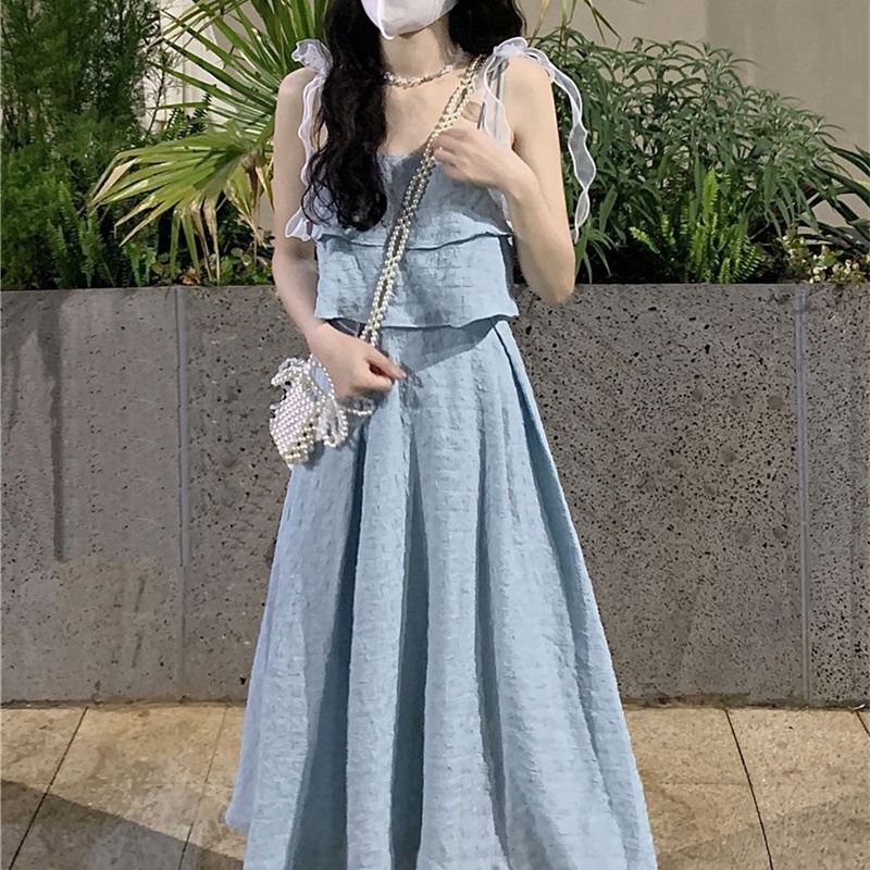 Đầm Hai Dây Thắt Nơ Eo Hẹp Eo Cao Thời Trang Hàn Quốc Cho Nữ