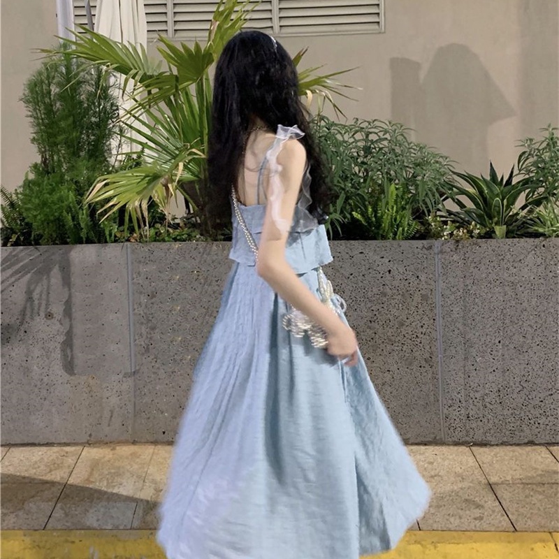 Đầm Hai Dây Thắt Nơ Eo Hẹp Eo Cao Thời Trang Hàn Quốc Cho Nữ