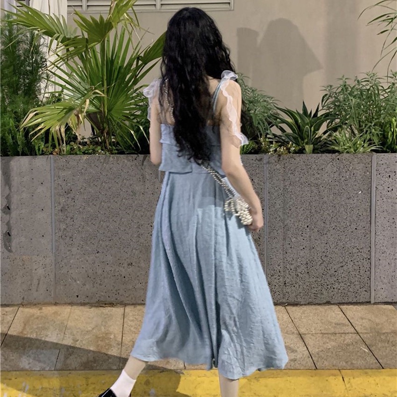 Đầm Hai Dây Thắt Nơ Eo Hẹp Eo Cao Thời Trang Hàn Quốc Cho Nữ