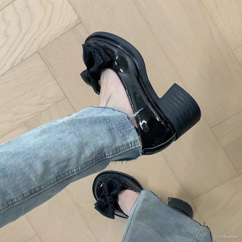 Retro Nơ Mary Jane Giày Cao Gót Mũi Tròn Chun Gót Giày Nữ Giày Nữ👠HÀNG CÓ SẴN