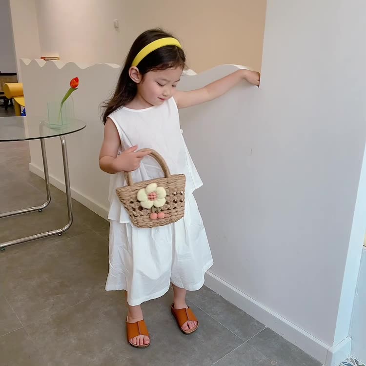 Túi Xách Bucket Đan Cói Họa Tiết Hoa Xinh Xắn Cho Bé