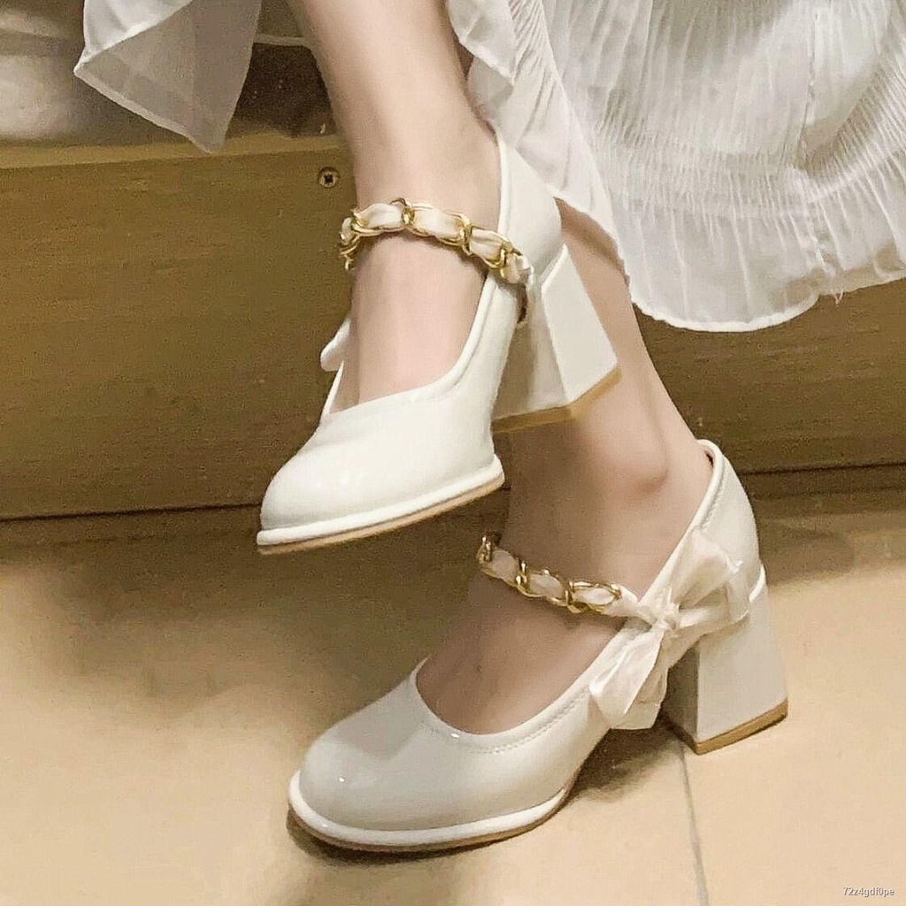 Thời Trang Anh Giày Da Nhỏ Nơ Mary Jane Giày Nữ Gót Dày Giày Cao Gót Nữ👠HÀNG CÓ SẴN