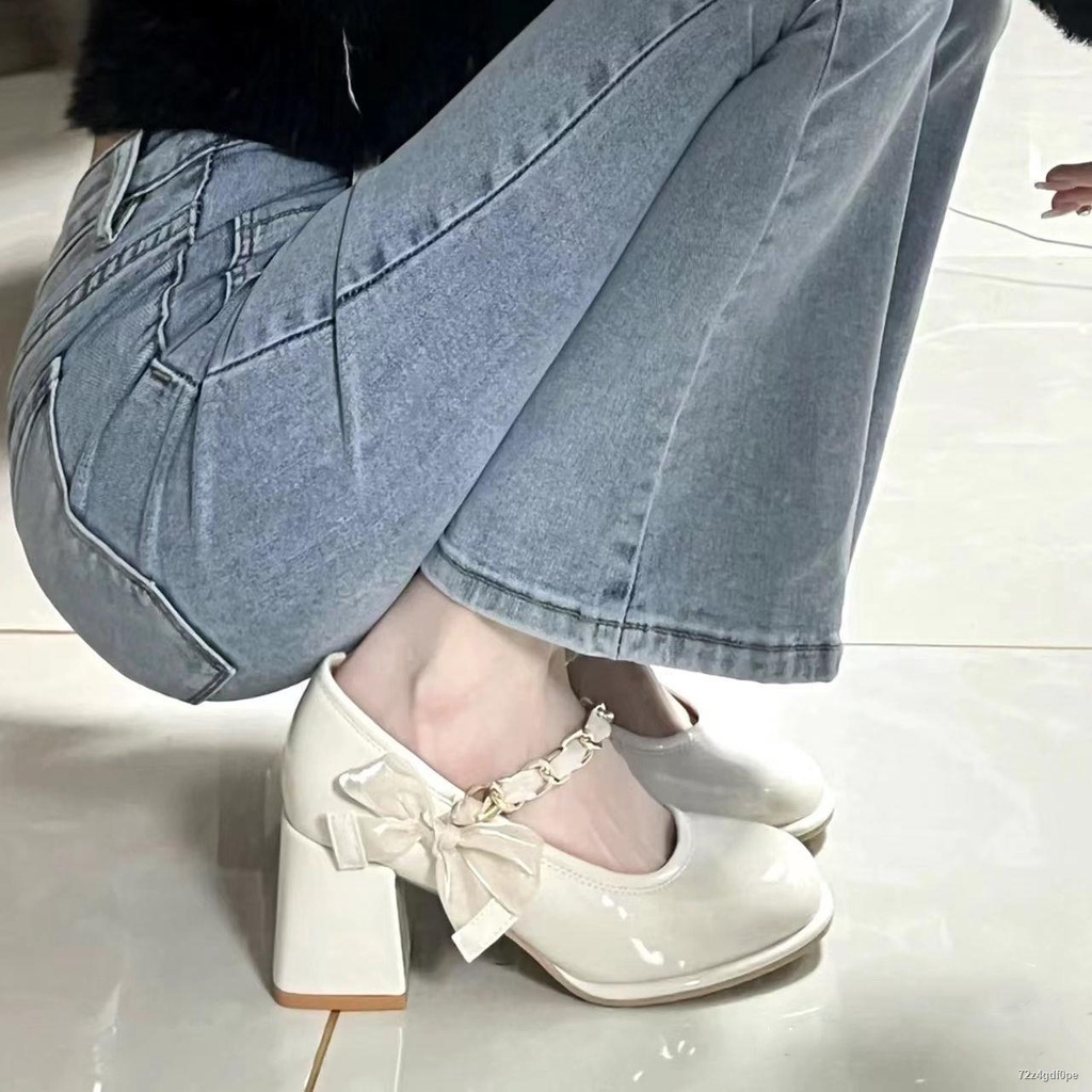 Thời Trang Anh Giày Da Nhỏ Nơ Mary Jane Giày Nữ Gót Dày Giày Cao Gót Nữ👠HÀNG CÓ SẴN