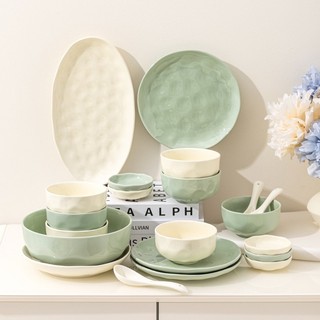 Bộ bát đĩa tô thìa sứ cao cấp vân nổi màu xanh kem phong cách Vintage Bắc Âu