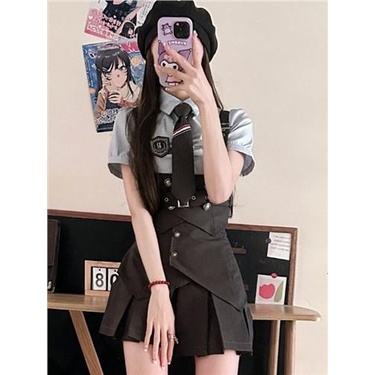 Bộ Đồng Phục Áo Sơ Mi Tay Ngắn Cổ Bẻ Chiết Eo + Chân Váy Xếp Ly jk Phong Cách Preppy Mỹ