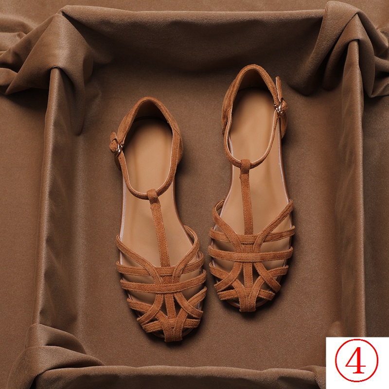 Yueyuejia Giày Sandal Da Cừu Đế Bằng Hở Ngón Thời Trang Mùa Xuân 2023 Phong Cách Retro Dành Cho Nữ