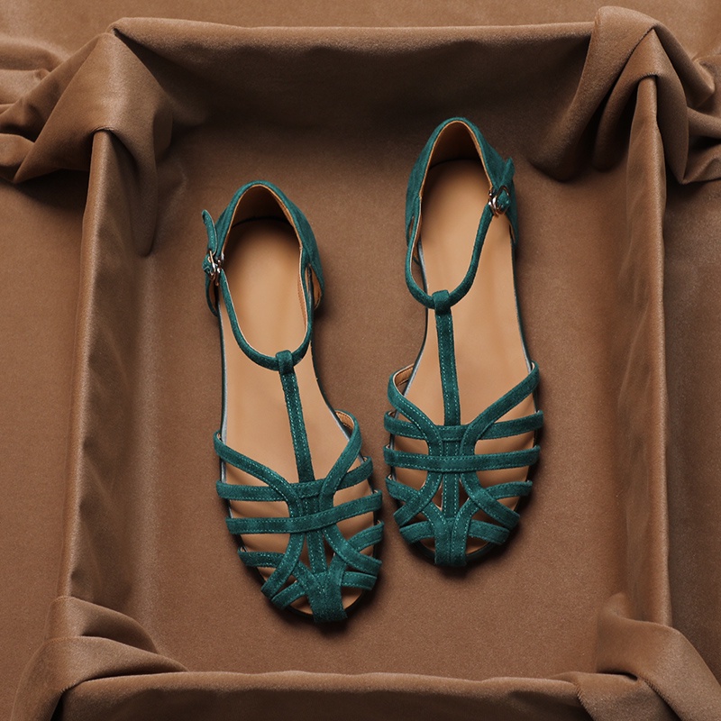 Yueyuejia Giày Sandal Da Cừu Đế Bằng Hở Ngón Thời Trang Mùa Xuân 2023 Phong Cách Retro Dành Cho Nữ