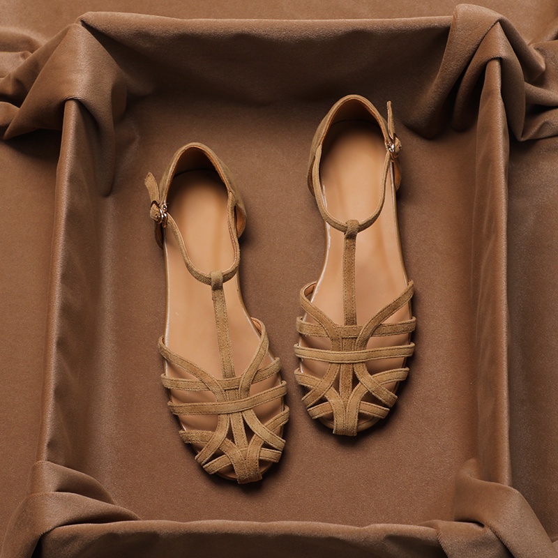 Yueyuejia Giày Sandal Da Cừu Đế Bằng Hở Ngón Thời Trang Mùa Xuân 2023 Phong Cách Retro Dành Cho Nữ