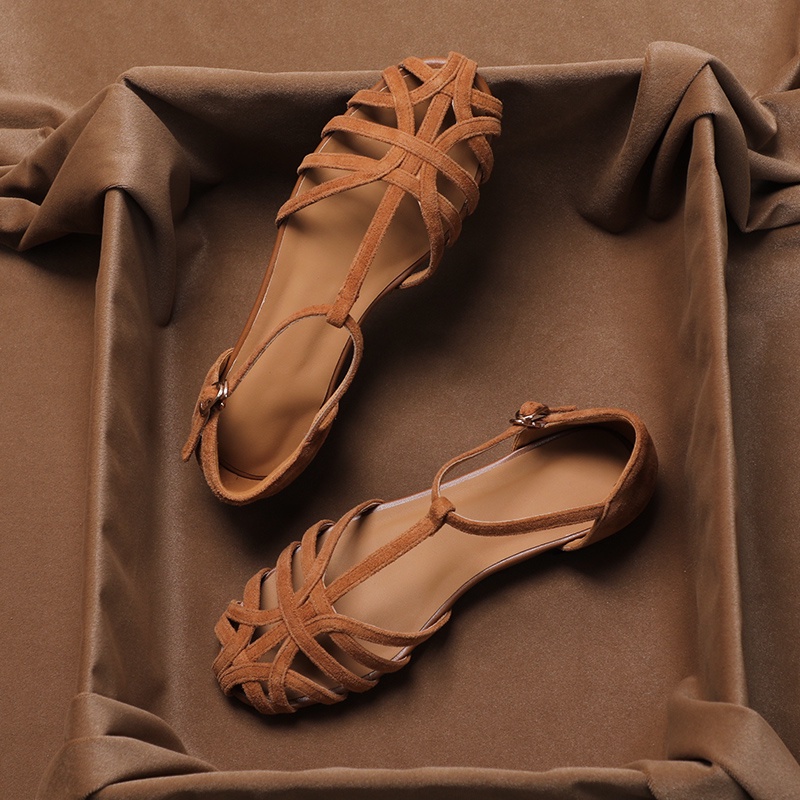 Yueyuejia Giày Sandal Da Cừu Đế Bằng Hở Ngón Thời Trang Mùa Xuân 2023 Phong Cách Retro Dành Cho Nữ