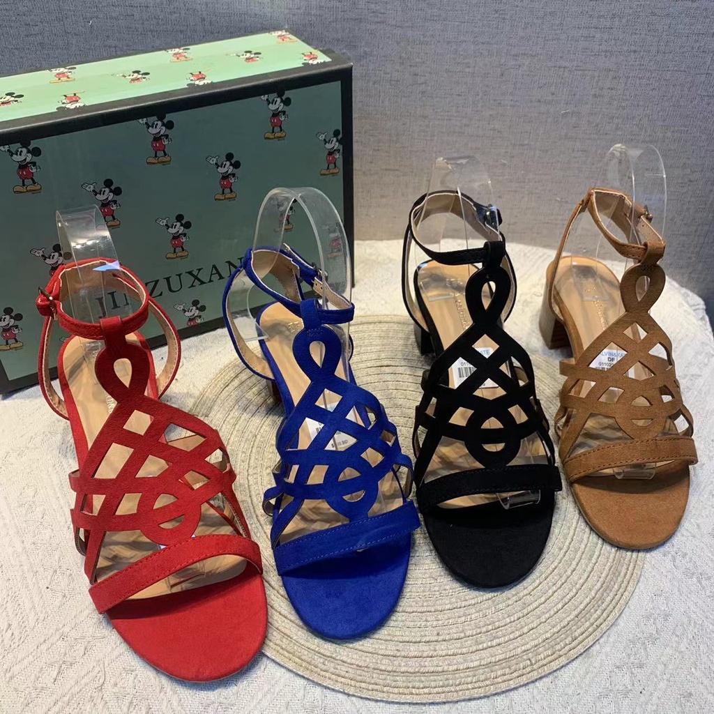 Giày Sandal Gót Dày Hở Ngón Mũi Vuông Phong Cách Phương Tây