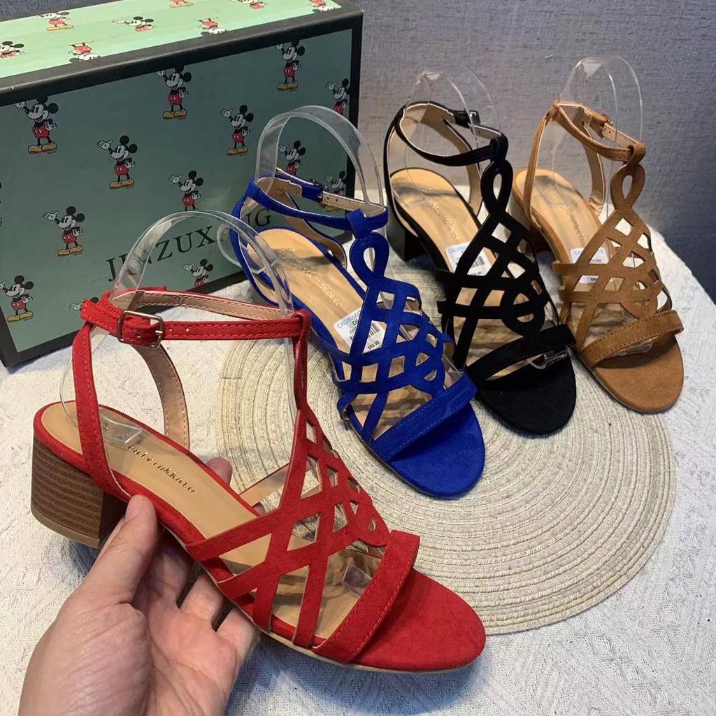 Giày Sandal Gót Dày Hở Ngón Mũi Vuông Phong Cách Phương Tây